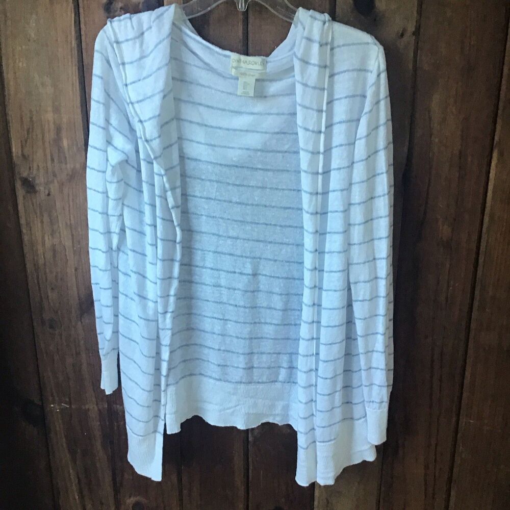 Cynthia Rowley Open Front Hooded Cartigan Size L White Blue Stripe 100% Linen